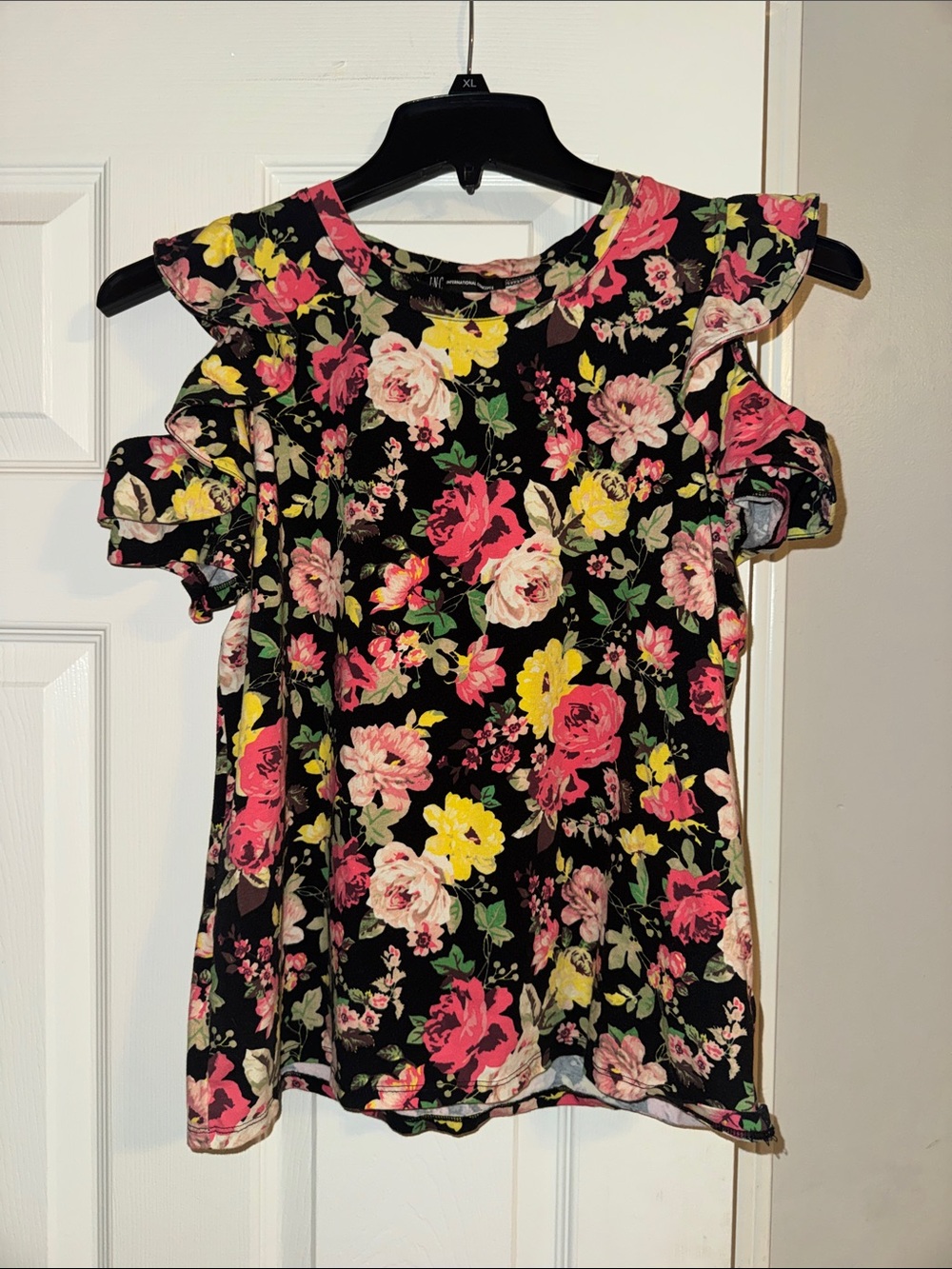 INC International Concepts Black Floral Cold-Shoulder Ruffle Top